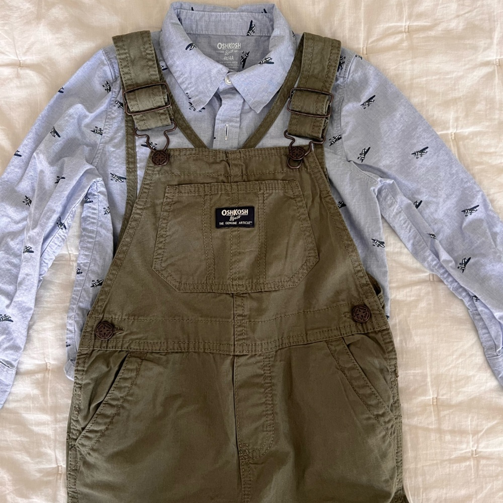 OshKosh B'gosh Khaki Overalls with Light Blue Shirt